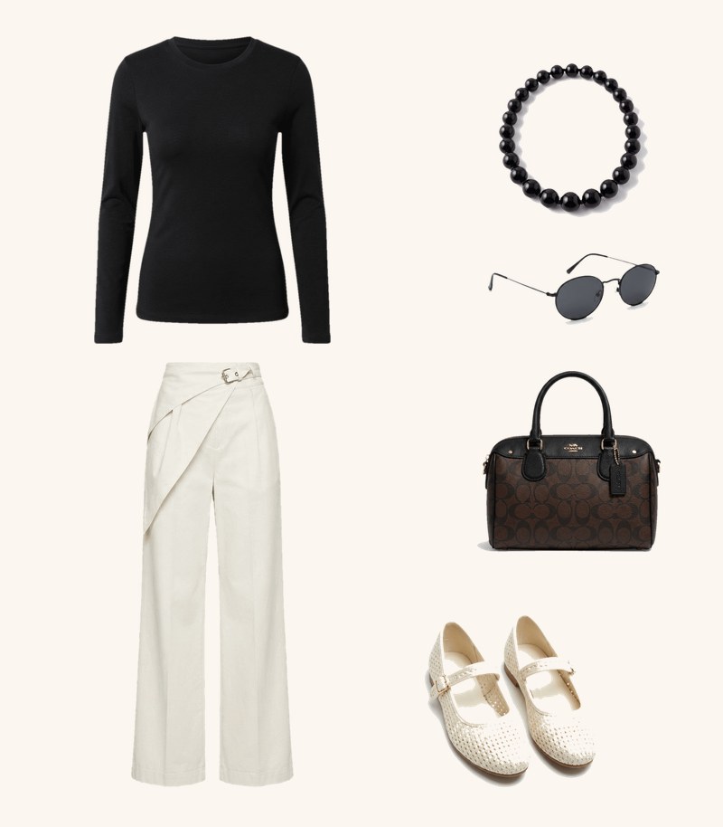 Look de brunch: camiseta negra de manga larga, pantalón ancho crema con cruce en la cintura, baletas tejidas crema, bolso café y negro, collar de cuentas negras y gafas de sol